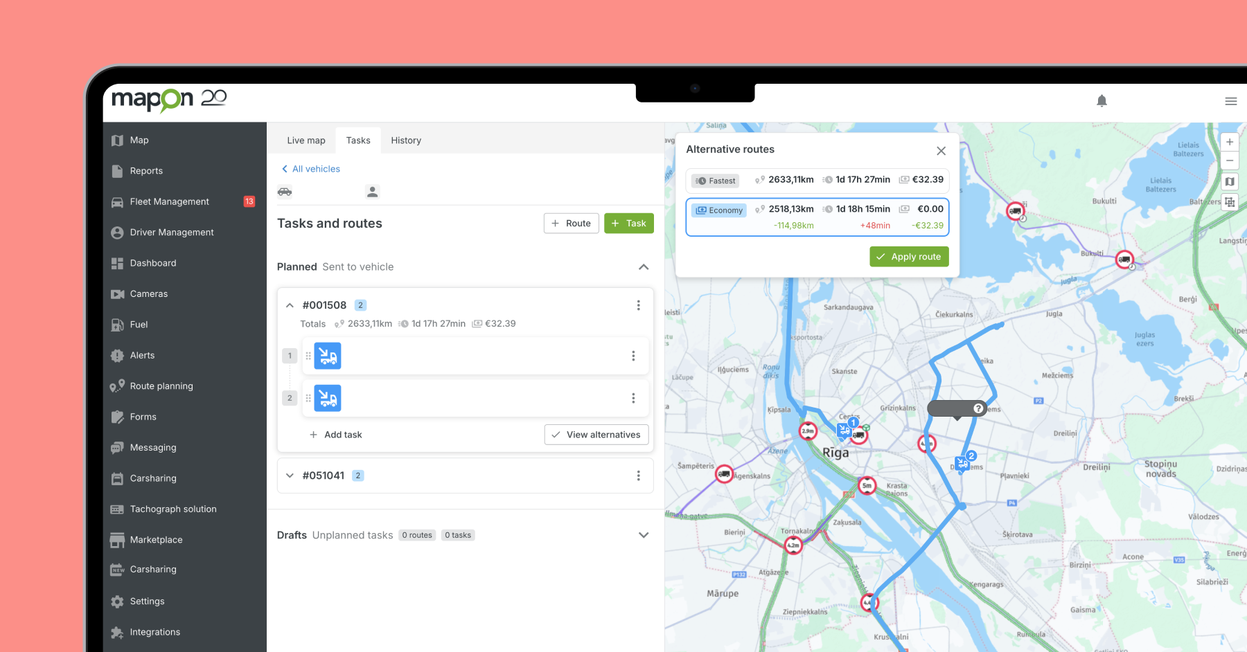 Alternative routes in the Task and route planner
