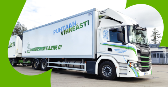 Maponin asiakkaan Lappeenrannan Kuljetuksen kuorma-auto, jossa on lämpötilaseuranta ja digipiirturin etäluku