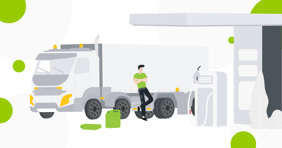 A person leaning against a large truck in a fuel station near a jerry-can.