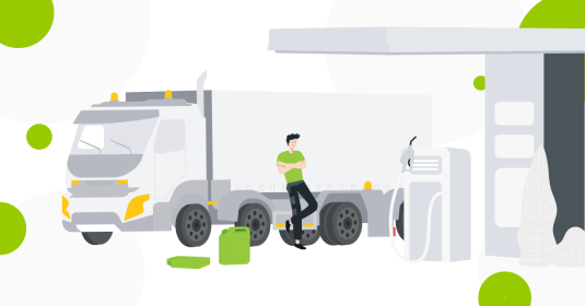 A person leaning against a large truck in a fuel station near a jerry-can.