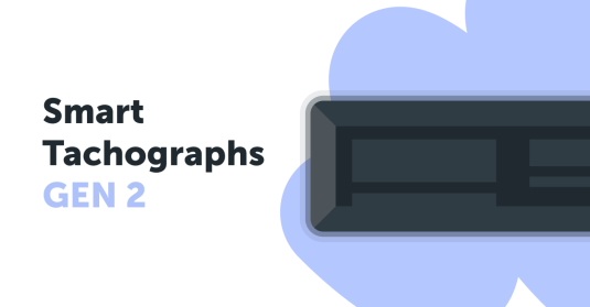 Illustration som representerar version 2 av den smarta färdskrivaren, med modern design och avancerad datainsamling för fordonsövervakning.