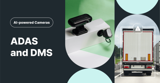 Mapon dirbtiniu intelektu valdomos automobilių parko kameros su ADAS ir DMS funkcijomis, rodančios vaizdo registratorius ir kelyje esantį sunkvežimį su susidūrimo įspėjimu.