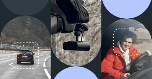 A collage, on the left is the rear of an SUV on a highway, the middle is car cabin with a dash cam on the windshield, and right one is a van driver behind the wheel.