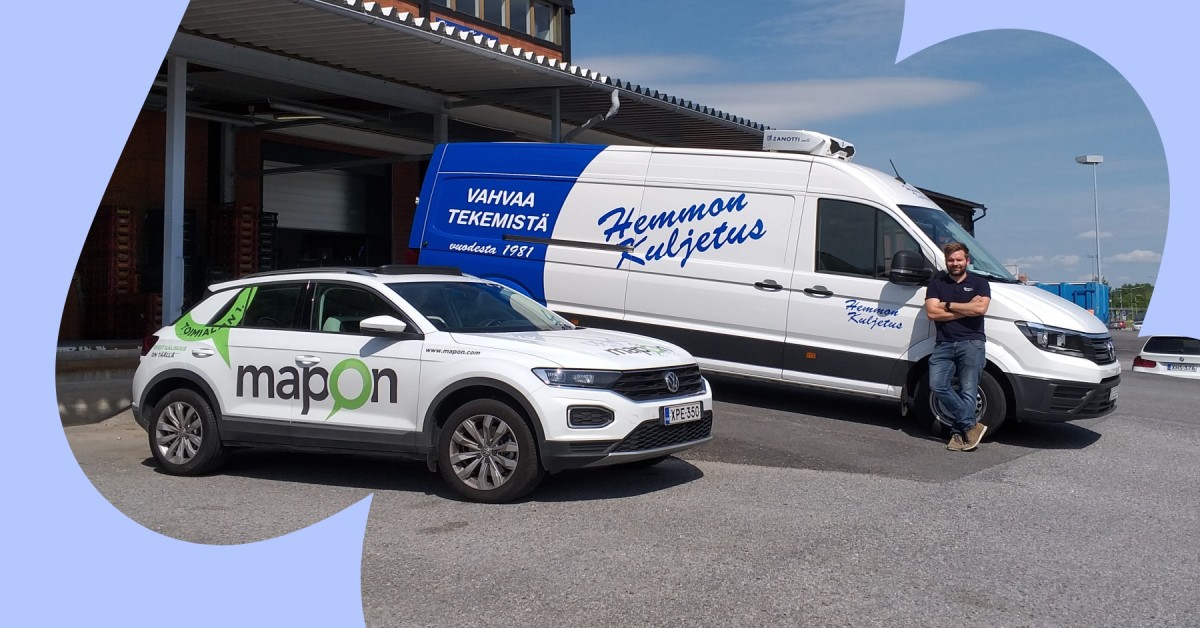 A Mapon car next to a Hemmon Kuljetus cargo van, and the company's representative leaning against it.
