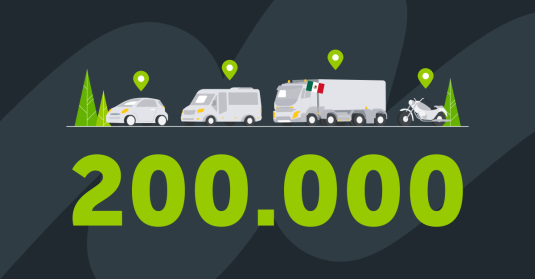 A large-font number 200,000 stands under multiple road vehicles that have location symbols on them. The truck has a Mexican flag, that's where Holkan is from.