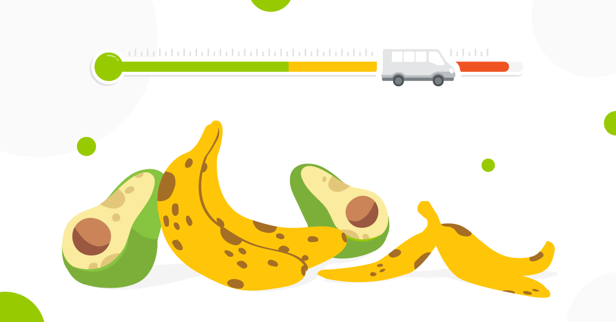 A thermometer that's closer to the hot side, indicating food waste during transportation, including bananas and avocados.