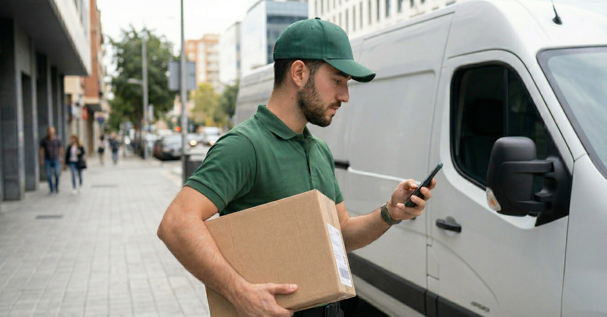 Repartidor consultando su móvil junto a una furgoneta de reparto, representando la digitalización de la documentación en el transporte de mercancías