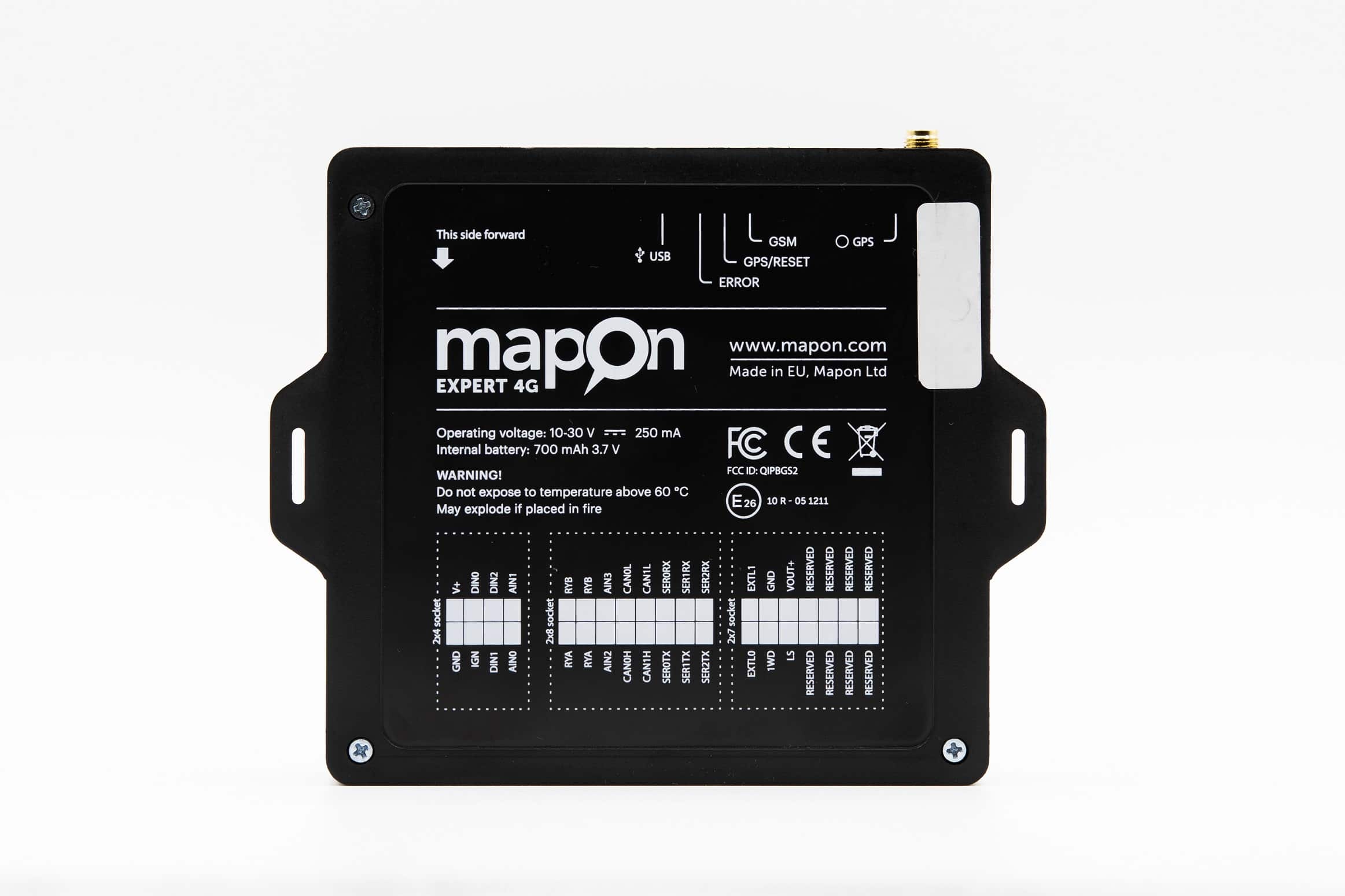 A black Mapon Expert tracking device from the backside.