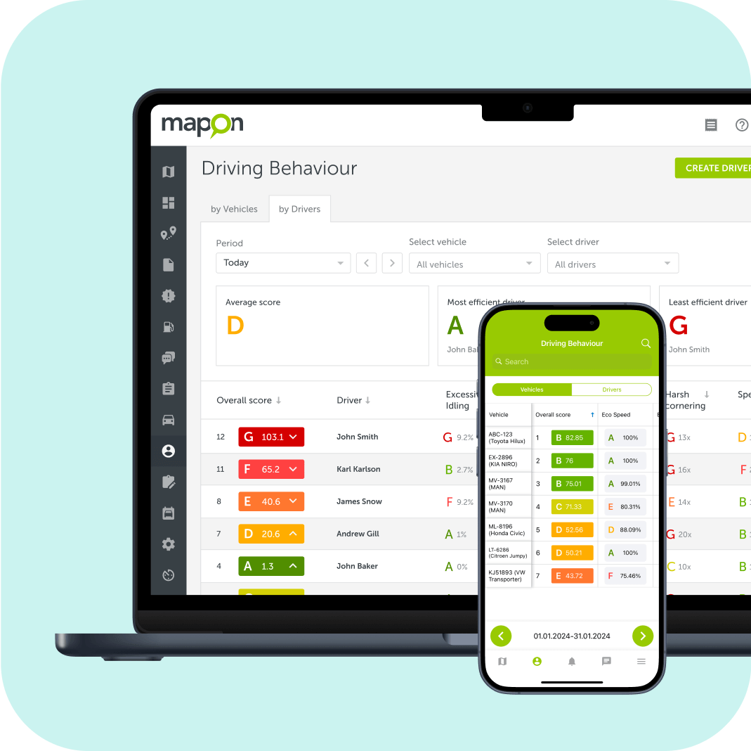 An illustration depicting Mapon driver behaviour monitoring software on desktop and smartphone screens.