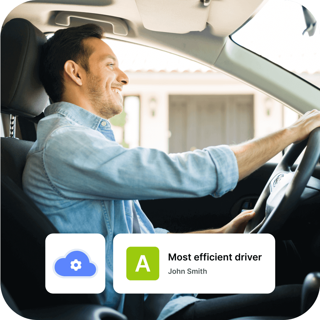A photo of a person driving the car with graphic icons over the photo saying “The most efficient driver”.