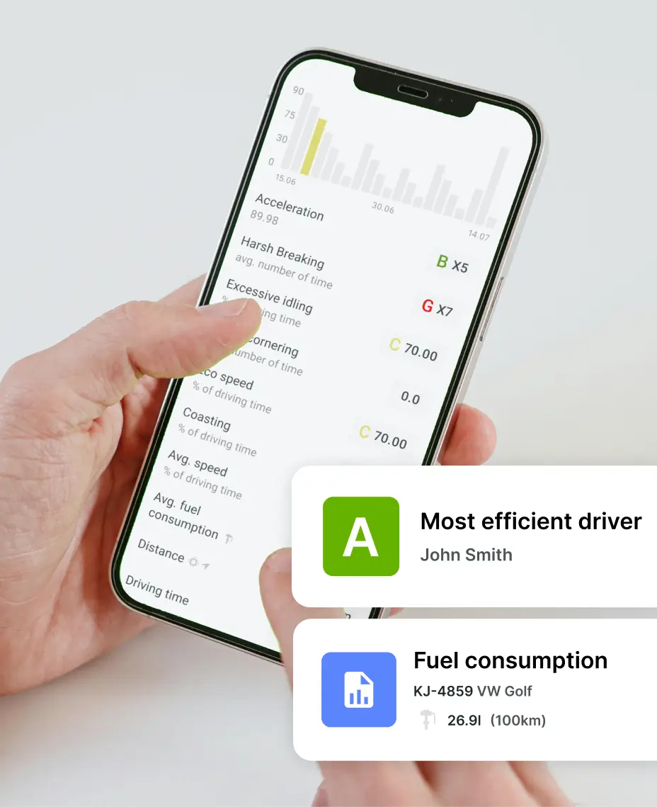 Mobile app displaying driver behaviour analytics and fuel control metrics for fleet fuel management.