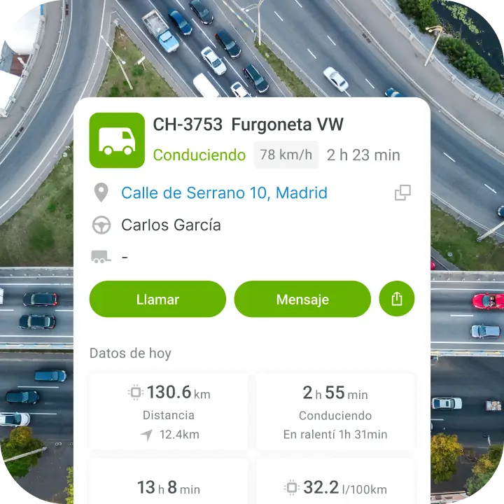 Vista aérea del tráfico con una superposición que muestra los datos del vehículo CH-3753 VW Transporter: ubicación, velocidad, nombre del conductor y estadísticas de conducción.