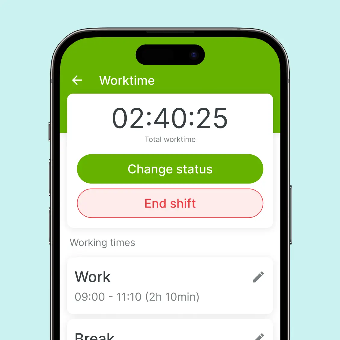 Mobile app screen showing active shift and break times – real-time worktime tracking from a smartphone