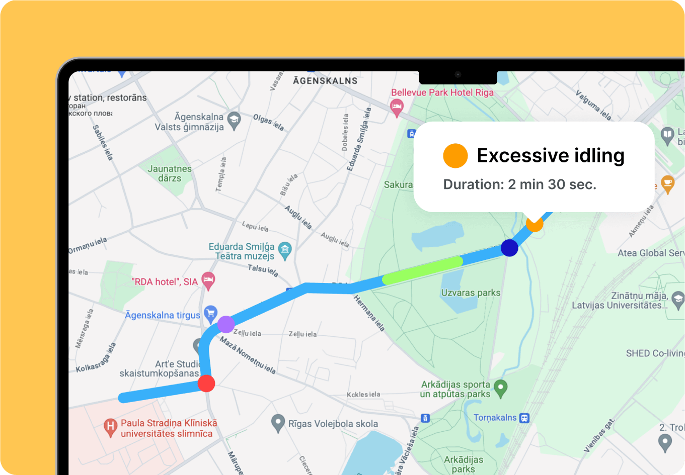 A screenshot of a map in the Mapon driver behavior monitoring tool displaying identified instances of excessive idling.