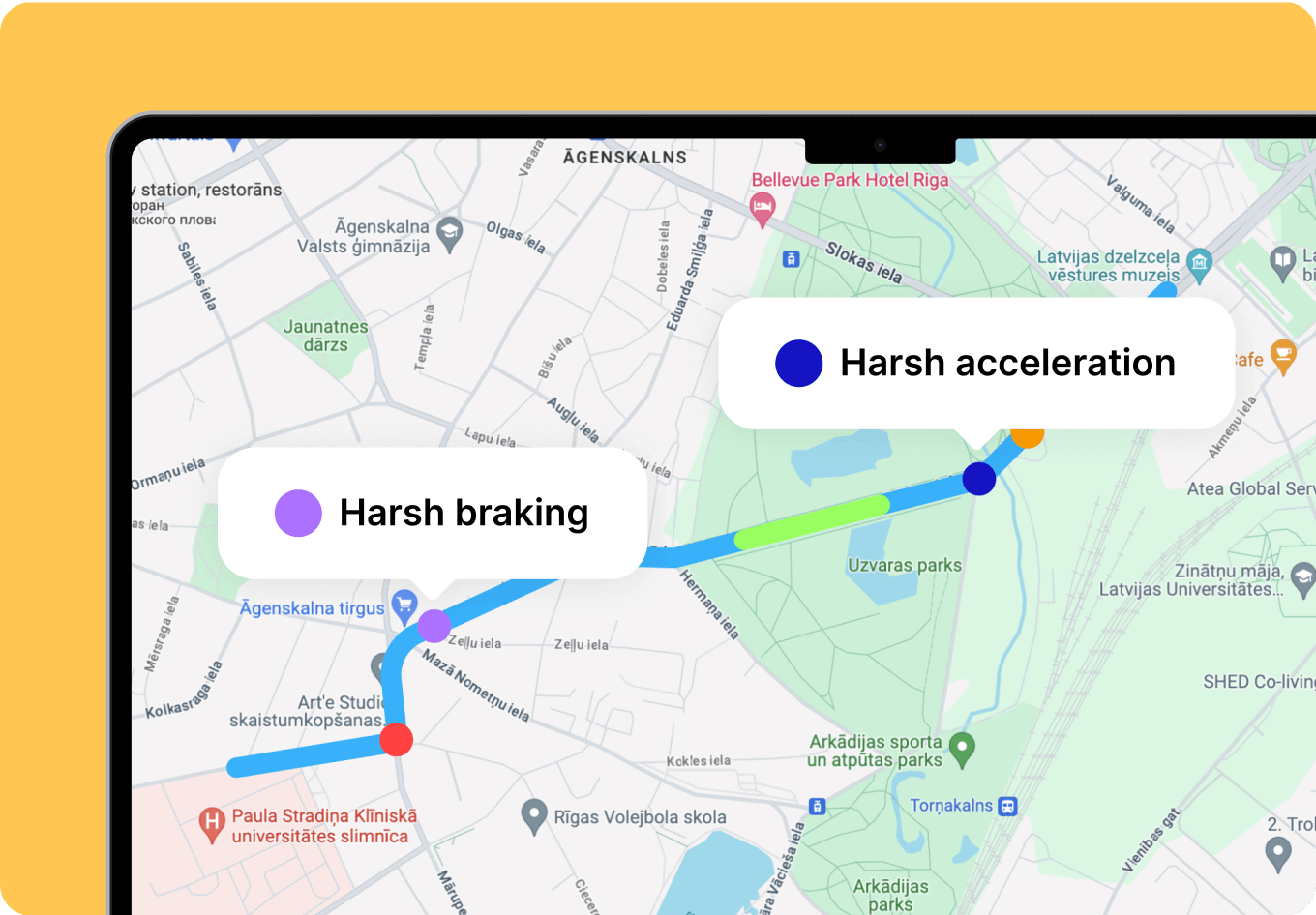 A screenshot from the Mapon driver tracking app showing a map displaying identified instances of harsh braking and acceleration.