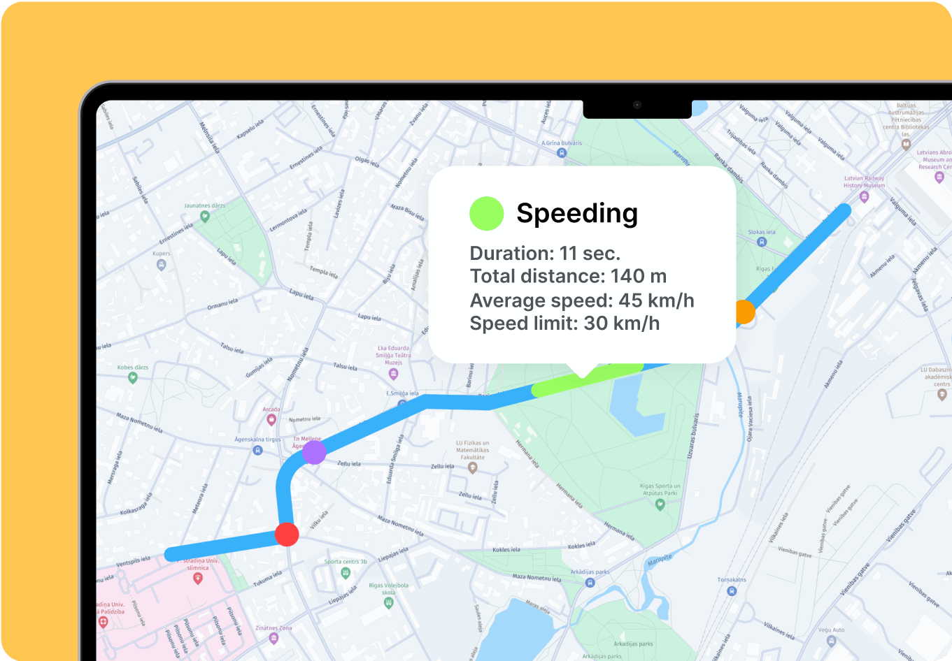 A screenshot of a map in the Mapon driver monitoring system displaying identified instances of speeding.