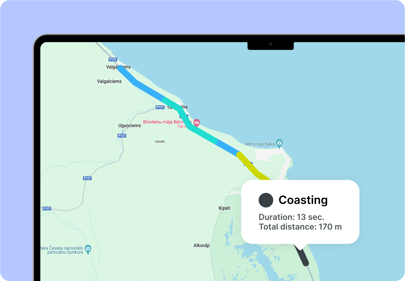 A screenshot of a map in the Mapon driver behavior analysis software displaying identified instances of coasting to promote safe driving habits.