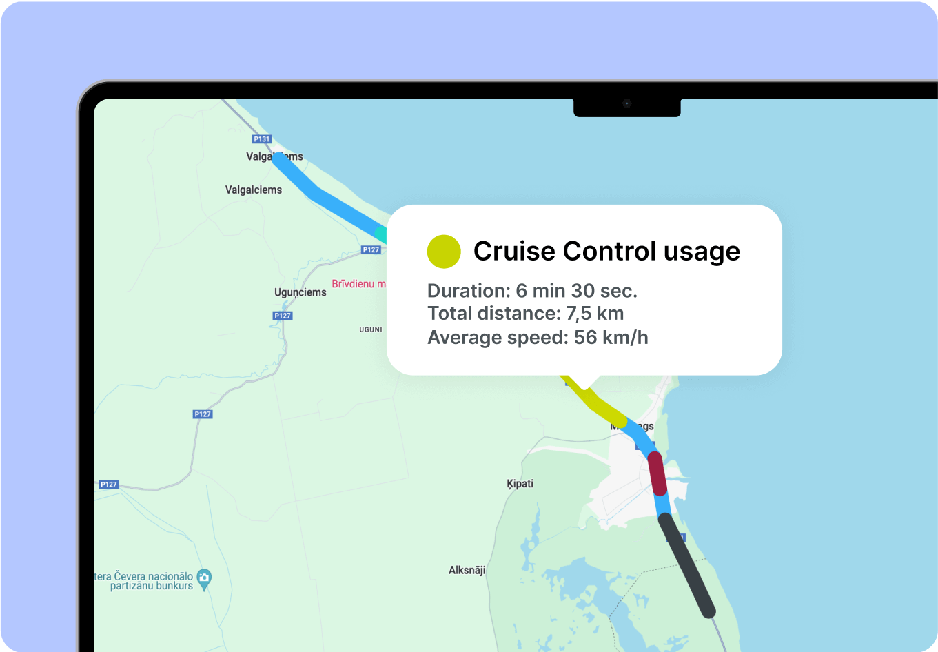 A screenshot of a map in the Mapon driving behavior app displaying identified instances of cruise control to reward efficient driving.