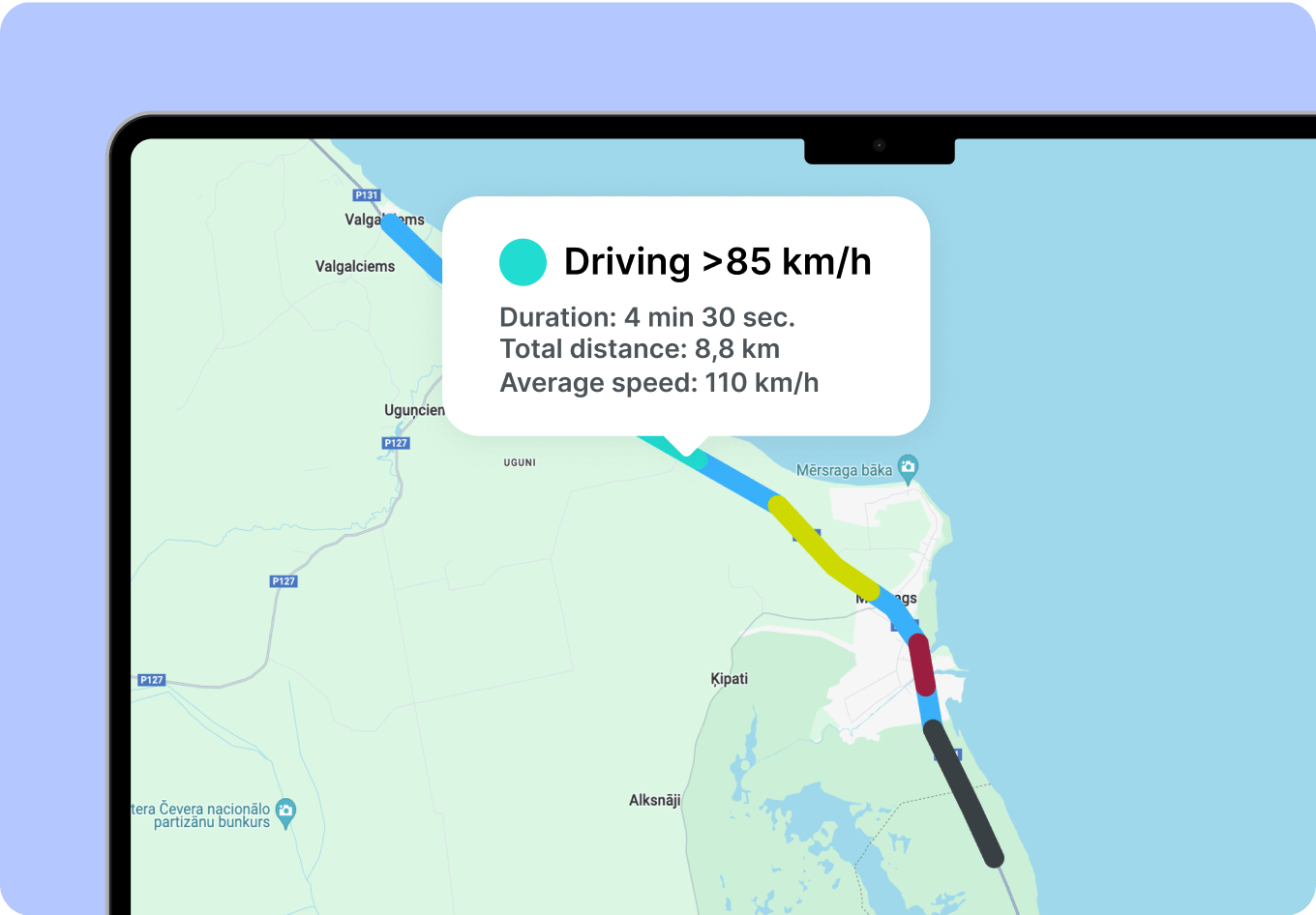 A screenshot of a map in the Mapon driver monitoring software displaying identified instances of driving over the set speed limit.
