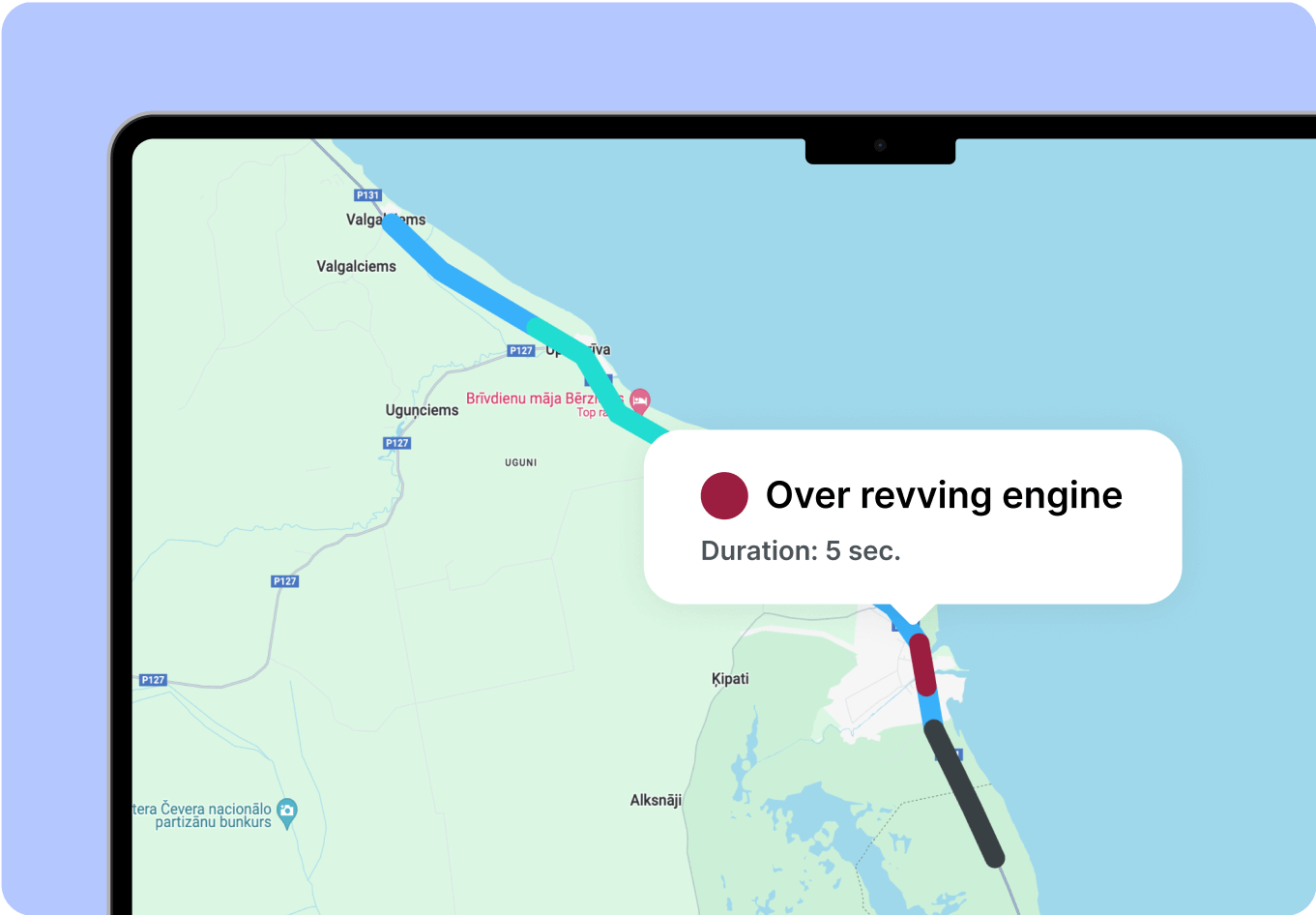 A screenshot of a map in the Mapon driving monitoring system displaying identified instances of vehicle RPM exceeding 1750.