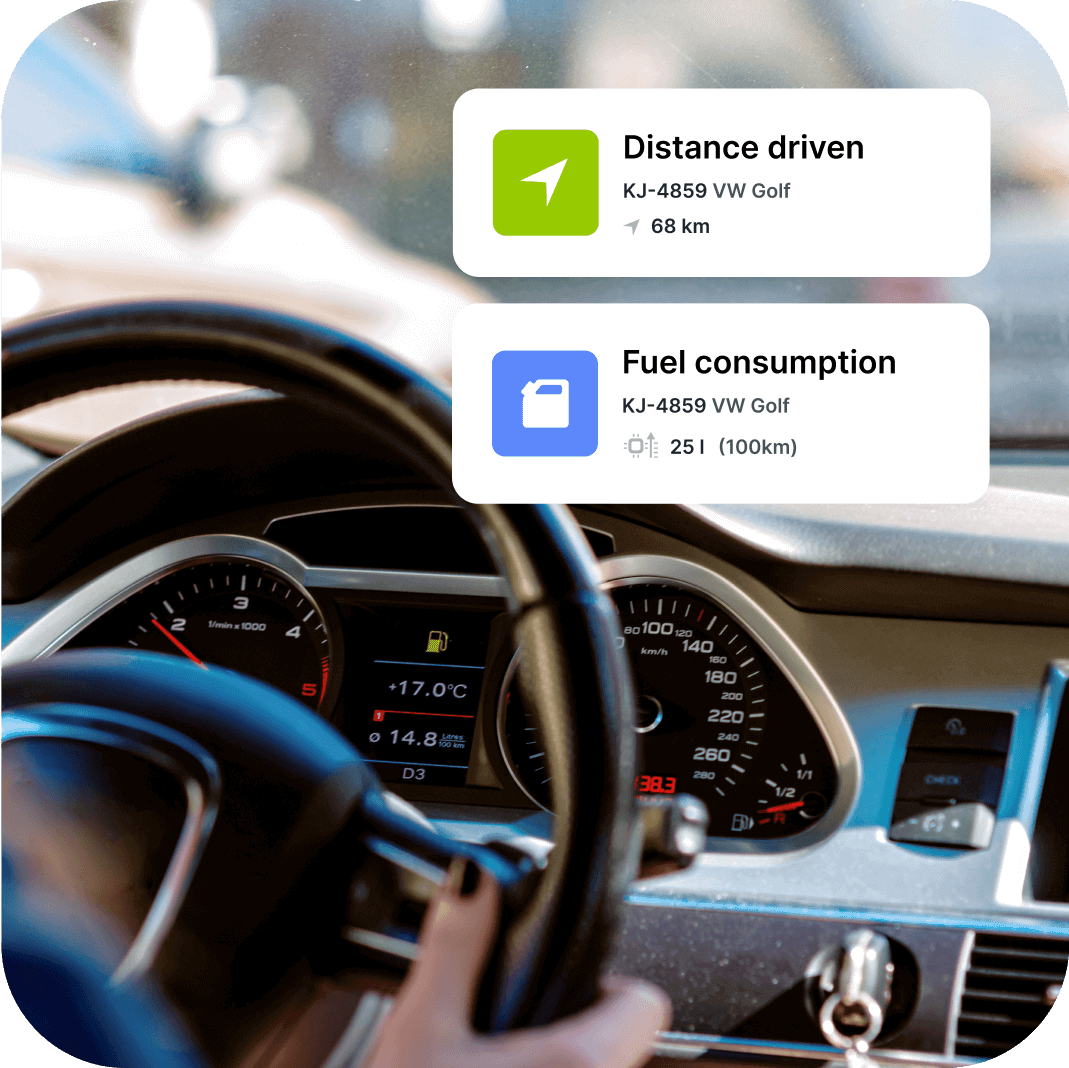 Фотография человека за рулем автомобиля, на фото наложены графические иконки с надписями «километраж» и «потребление топлива».