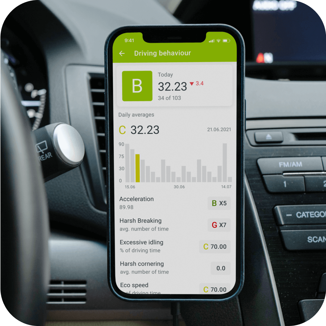 Смартфон с открытым приложением Mapon Driver в разделе «Поведение водителя».