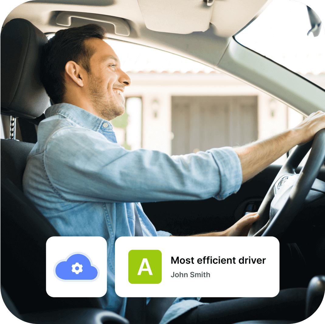 Et foto af en person, der kører bilen, med grafiske ikoner over fotoet, hvor der står "Den mest effektive chauffør".