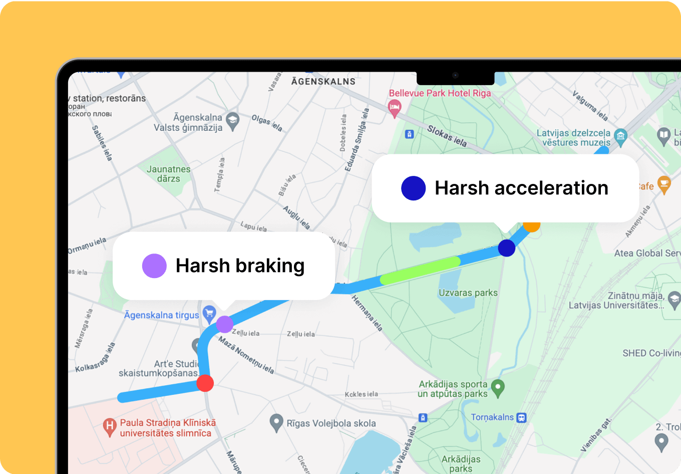 Et skærmbillede af et kort, der viser identificerede tilfælde af hård opbremsning og acceleration.