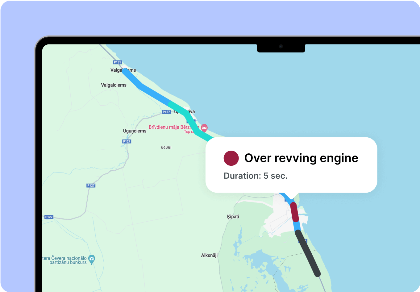 Et skærmbillede af et kort, der viser identificerede tilfælde af grøn motorhastighed.