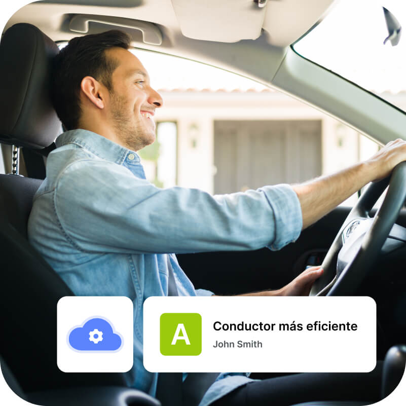 Una foto de una persona conduciendo el coche con iconos gráficos sobre la foto que dicen "El conductor más eficiente"