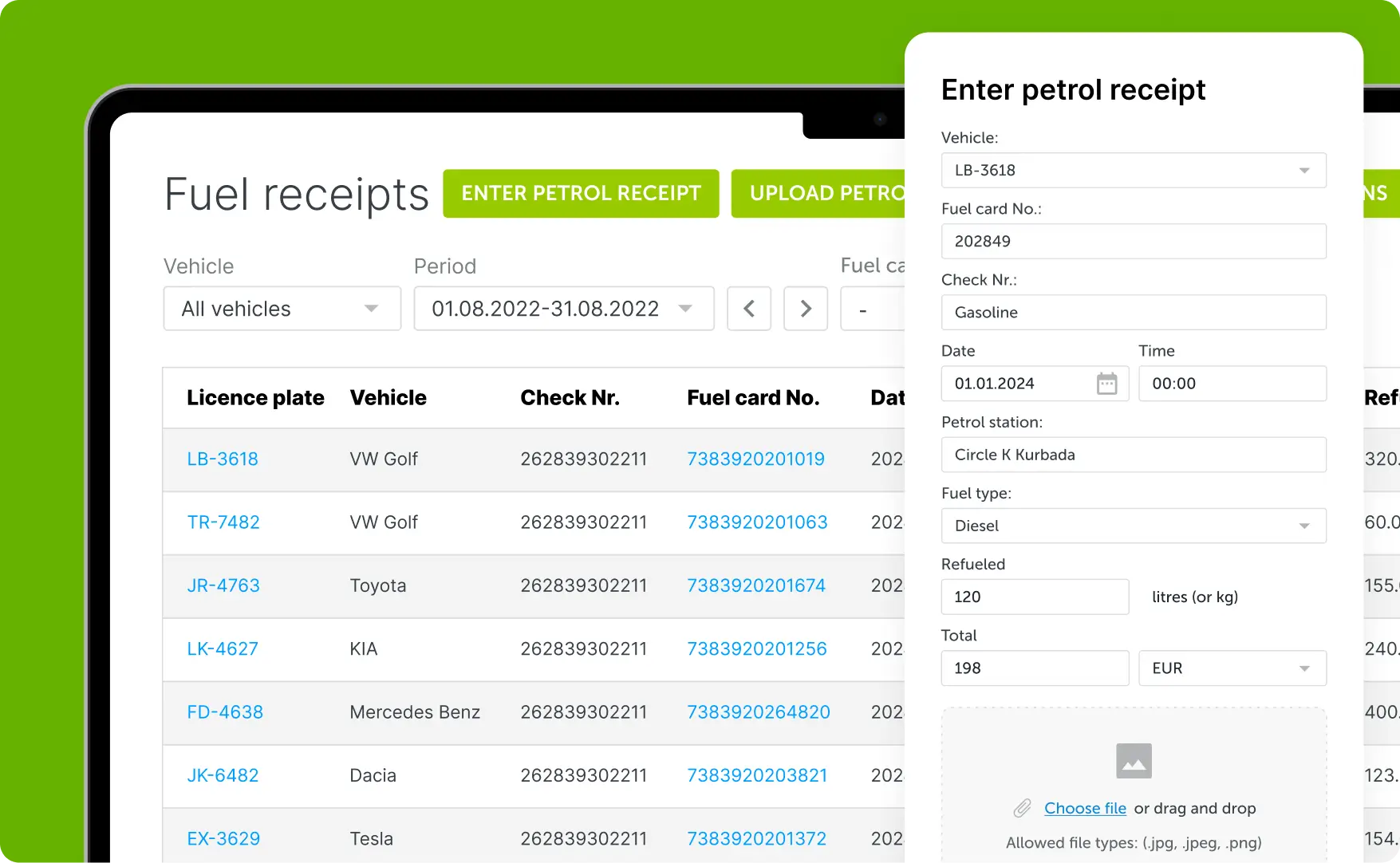 A screenshot of Mapon platform's fuel management section showing fuel receipts reports.