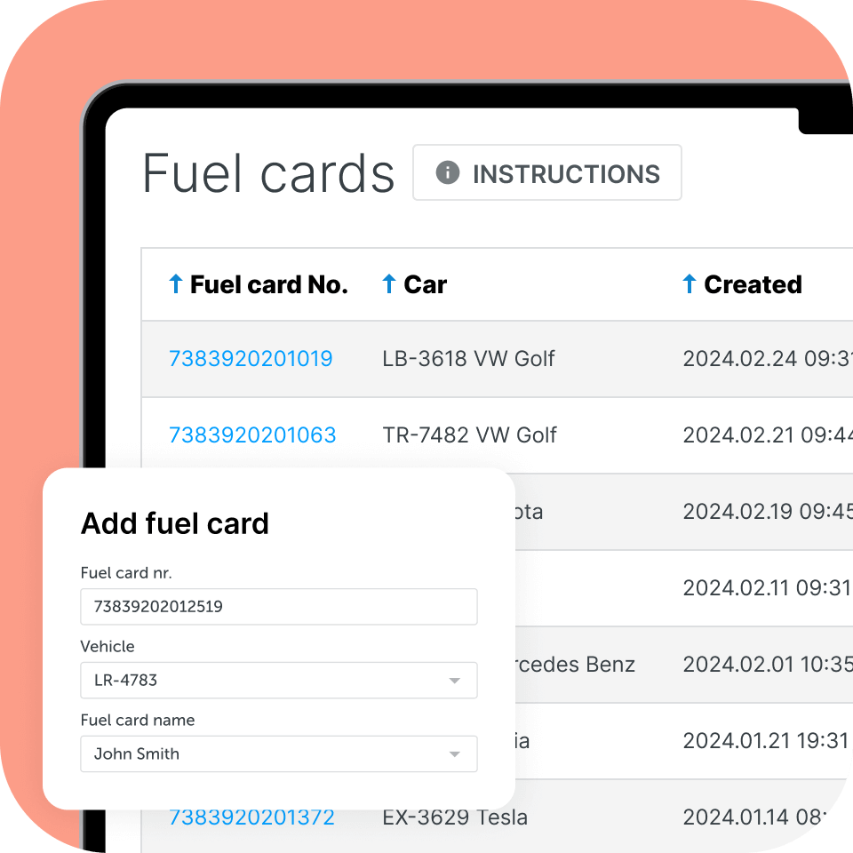 A screenshot of the Mapon platform displaying the fuel card management section within the fuel management dashboard.