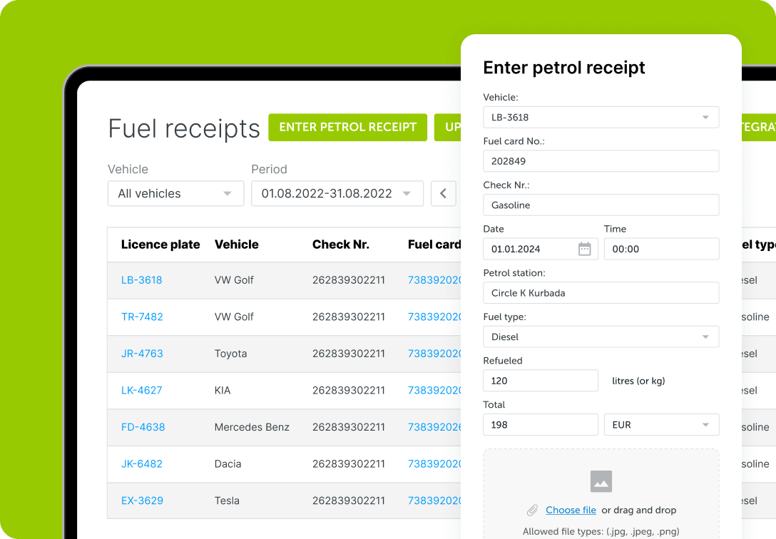 Mapon platformas degvielas kontroles sadaļas ekrānuzņēmums, kurā redzami degvielas čeku pārskati.