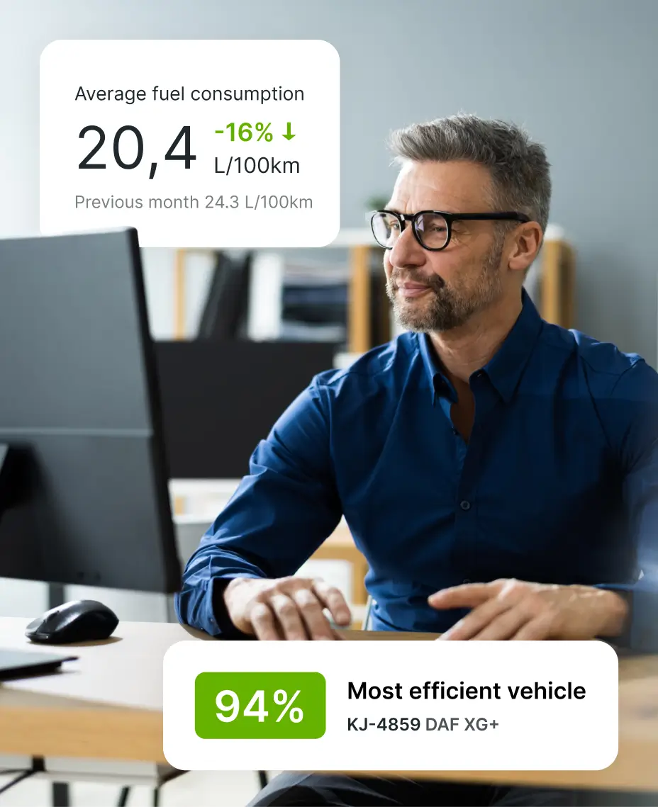 Person sitting in front of a computer with notifications from the vehicle fleet