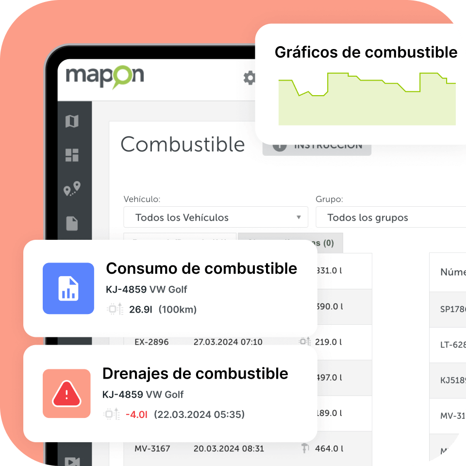 Captura de pantalla de la plataforma Mapon que muestra la solución de gestión de combustible, con gráficos de combustible, drenajes y consumo total resaltados.