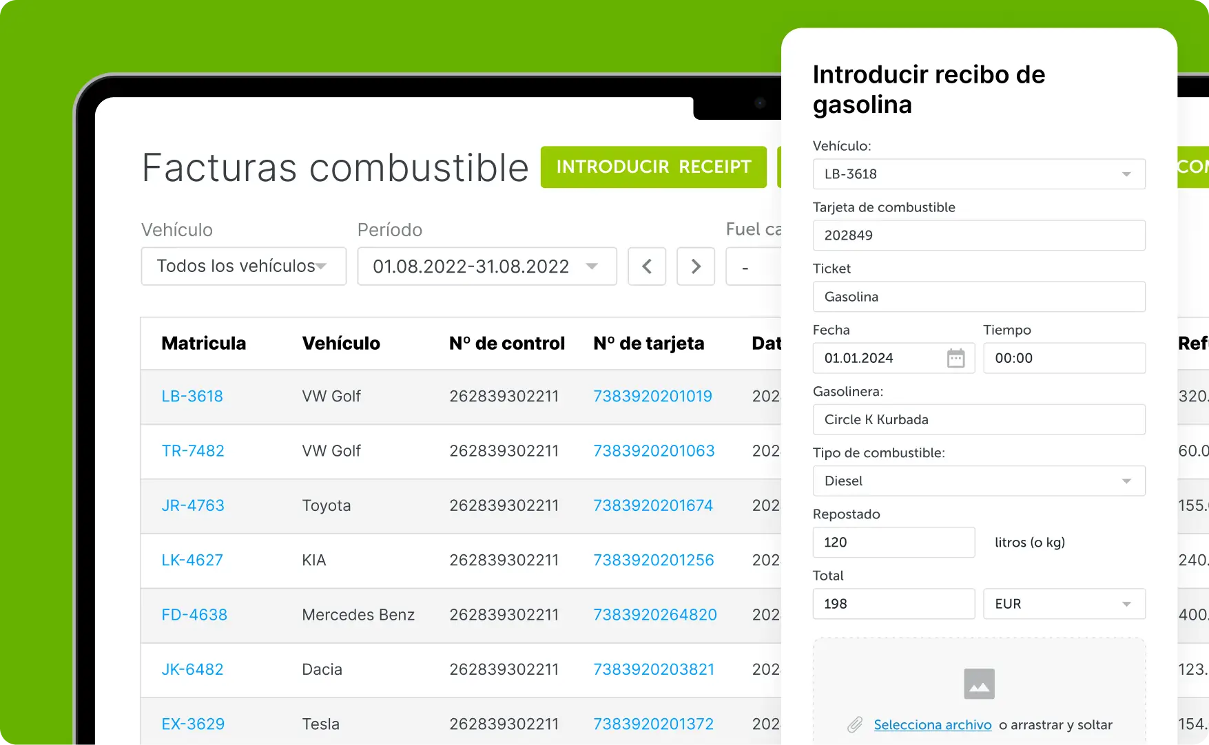 Captura de pantalla de la sección de gestión de combustible de la plataforma Mapon que muestra los informes de recibos de combustible.