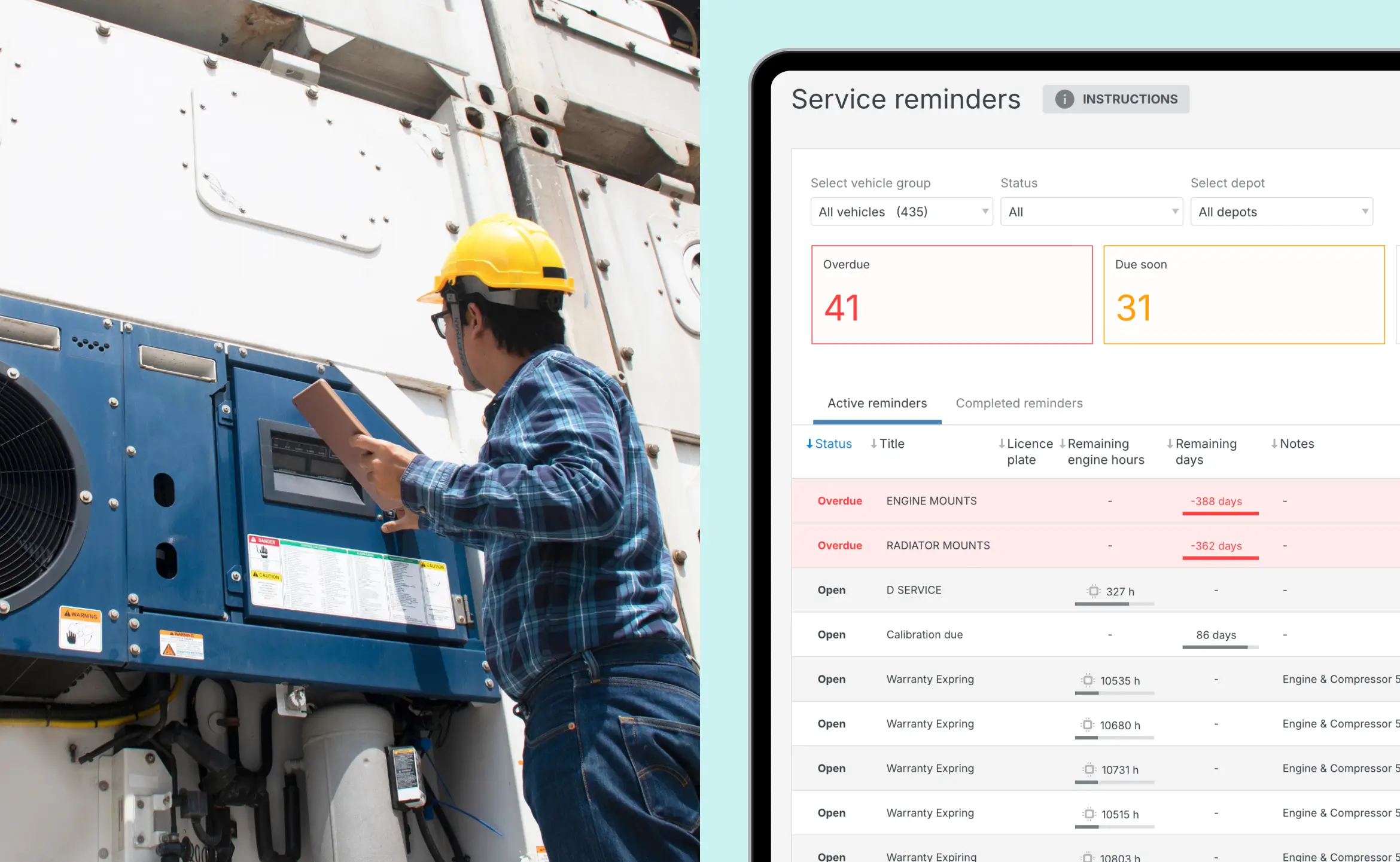Technician inspecting refrigeration equipment beside a tablet screen showing vehicle service reminders