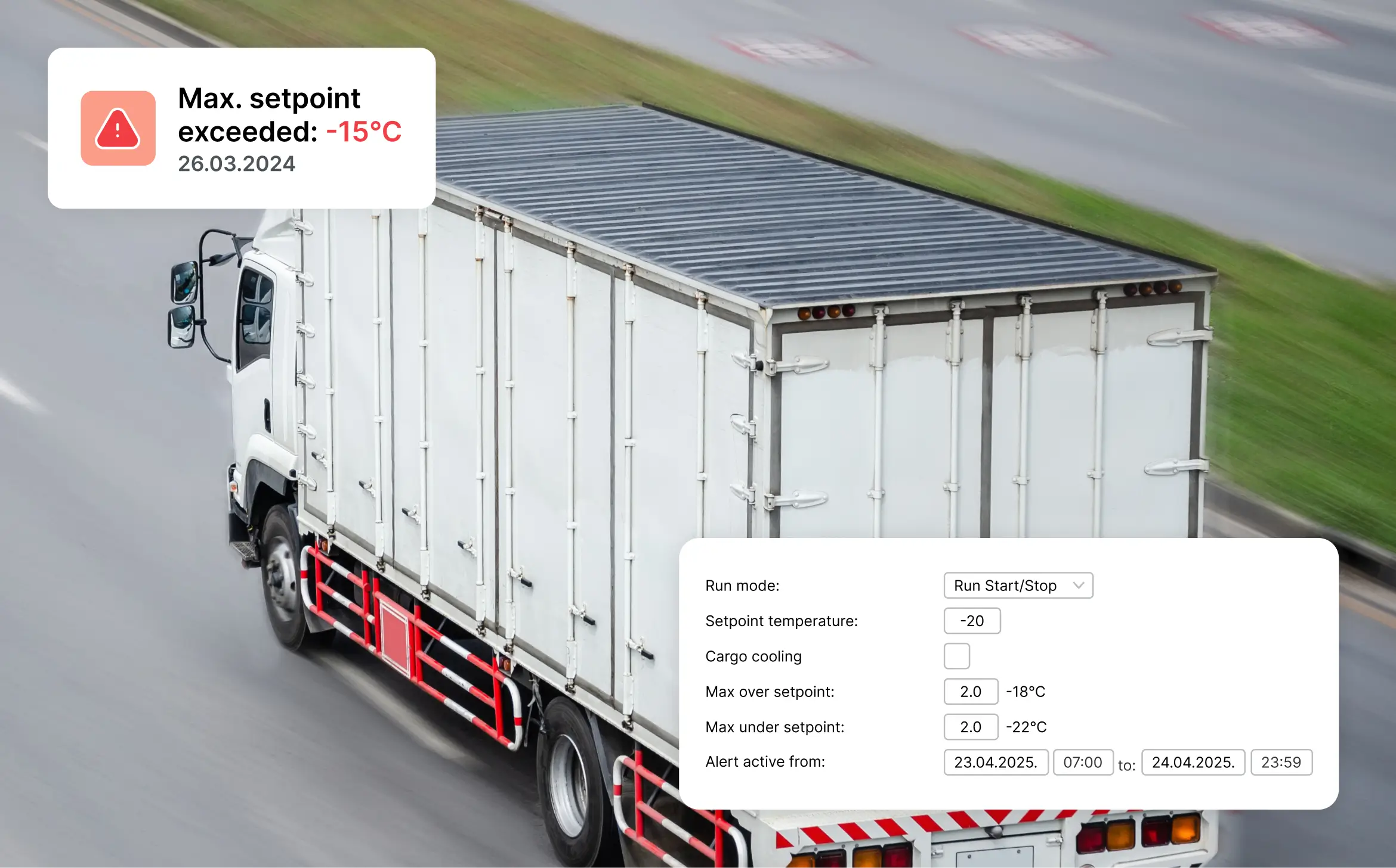 Truck on the road with an overlay showing cargo temperature settings and a max setpoint alert.