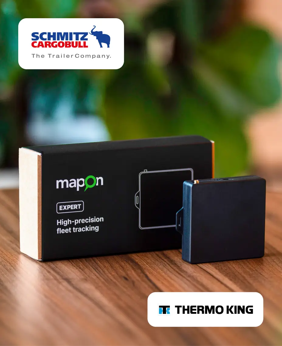Mapon Expert GPS tracking device displayed with Schmitz Cargobull and Thermo King logos.