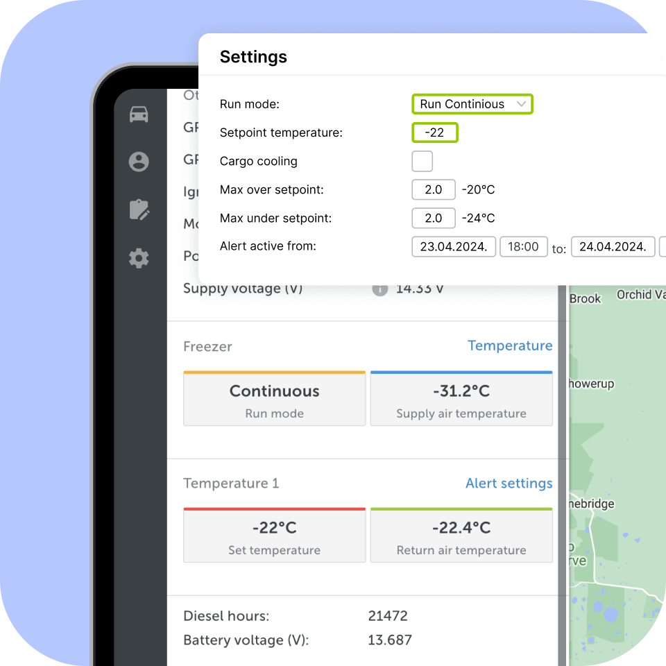 A screenshot from the Mapon cold chain monitoring software showing a setting dashboard displaying the run mode and setpoint temperature for the cargo.