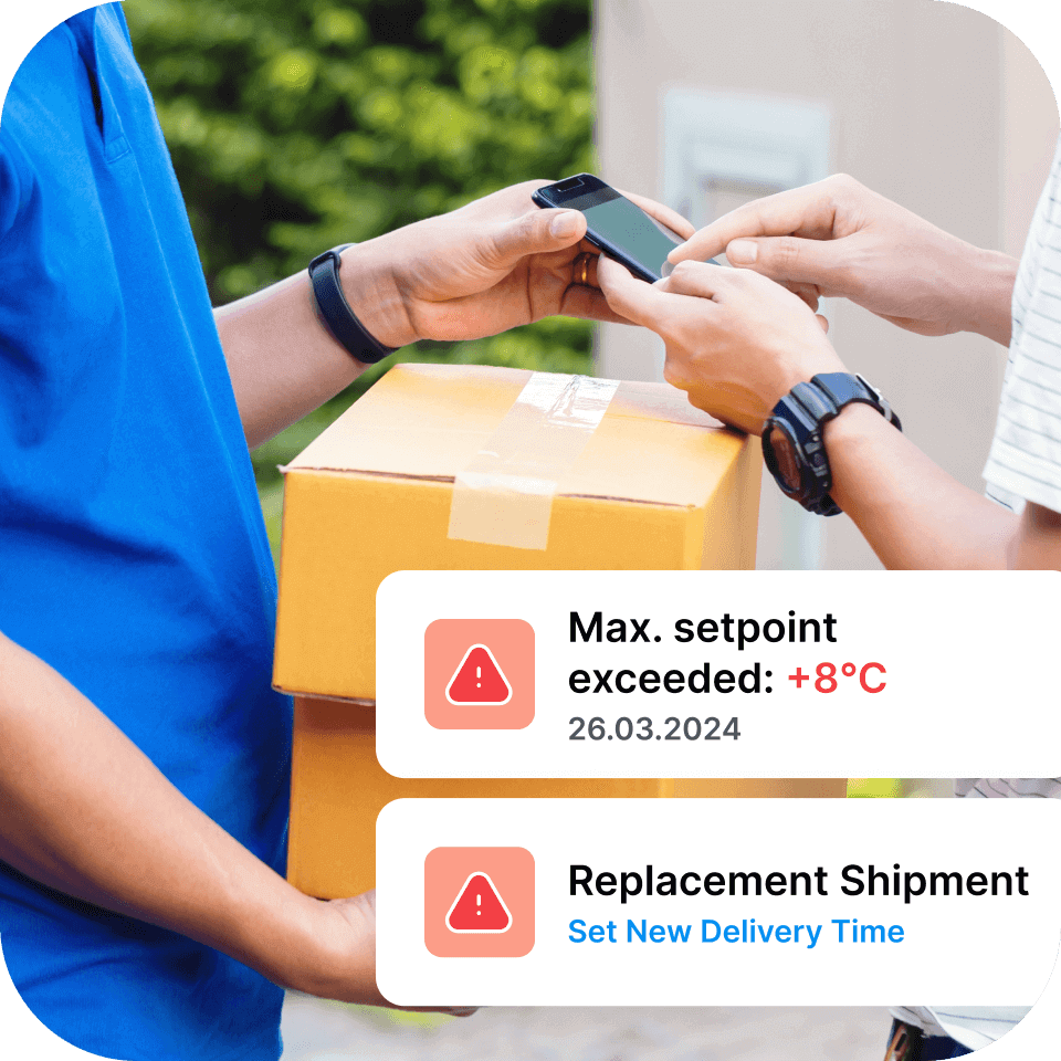 A photo of a person delivering a package to the client. Additional graphics are laid over the photo demonstrating cold chain alerts that can be sent via the Mapon cold chain monitoring system and API integrations.