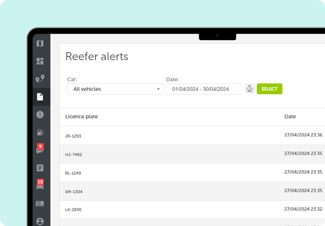 A screenshot from the Mapon cold chain monitoring system demonstrating reefer alerts.