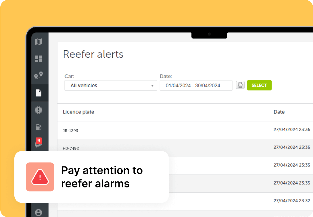 A screenshot from the Mapon platform demonstrating cold chain notifications that are sent via the platform.