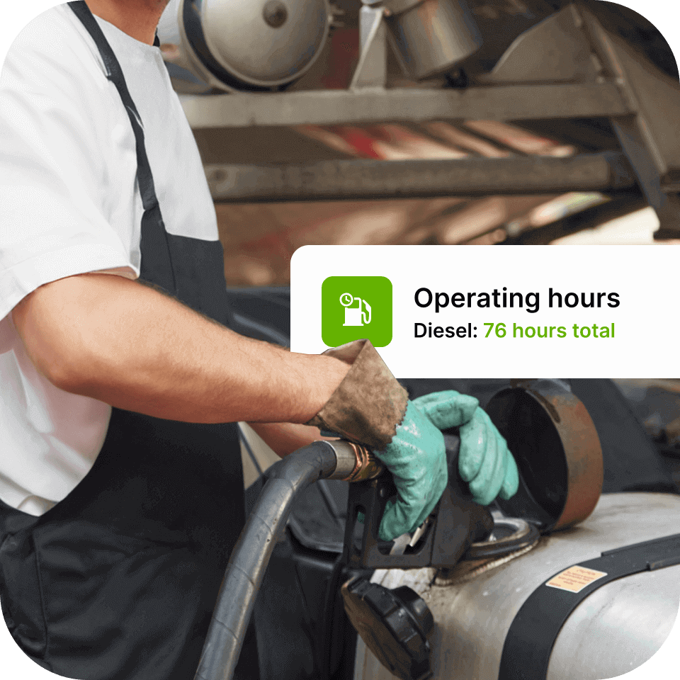 A photo of a technician filling in the truck's fuel tank with additional graphics laid over it, showing the number of operating hours.