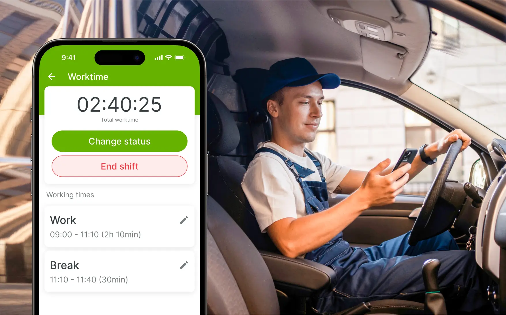 Kohaletoimetamise juht logib tööaega ja pause mobiilirakenduse kaudu oma sõidukis.