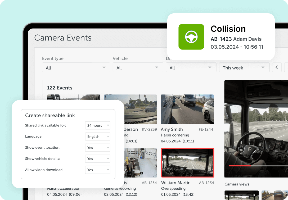 A screenshot of an automated event report in the Mapon fleet camera management software, displaying events like collisions detected by fleet dash cams.