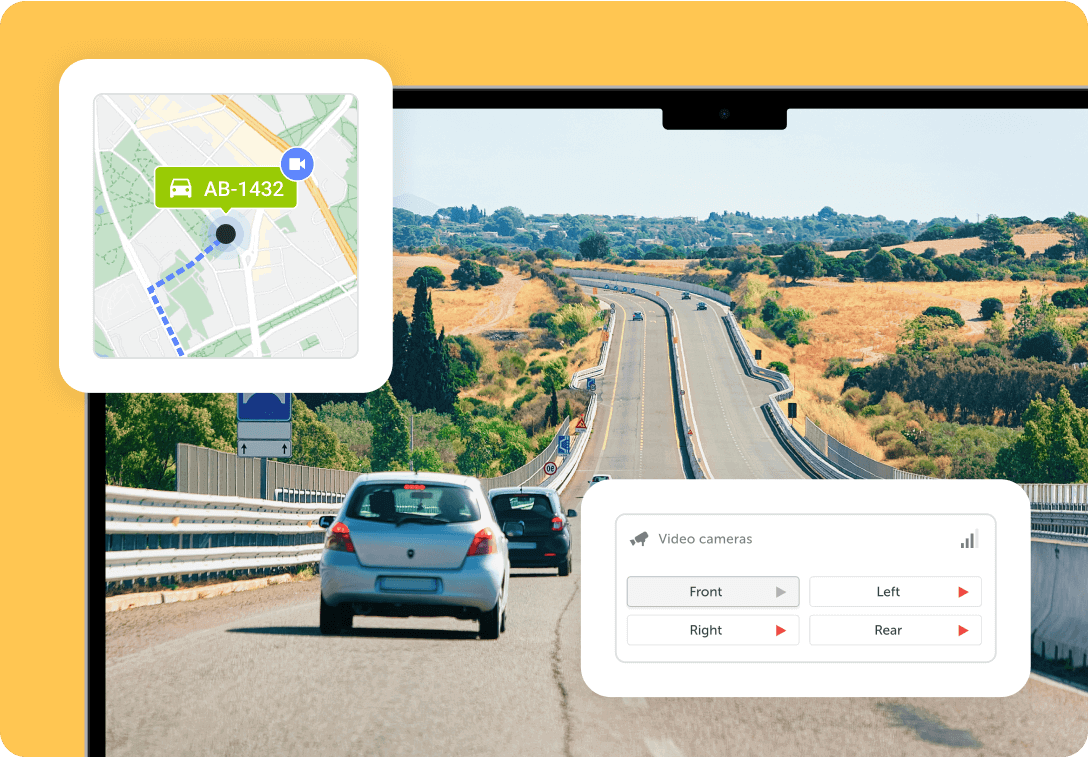 A photo of a road with cars equipped with fleet camera systems. Overlaid graphics show screenshots from the Mapon platform's fleet cameras section.