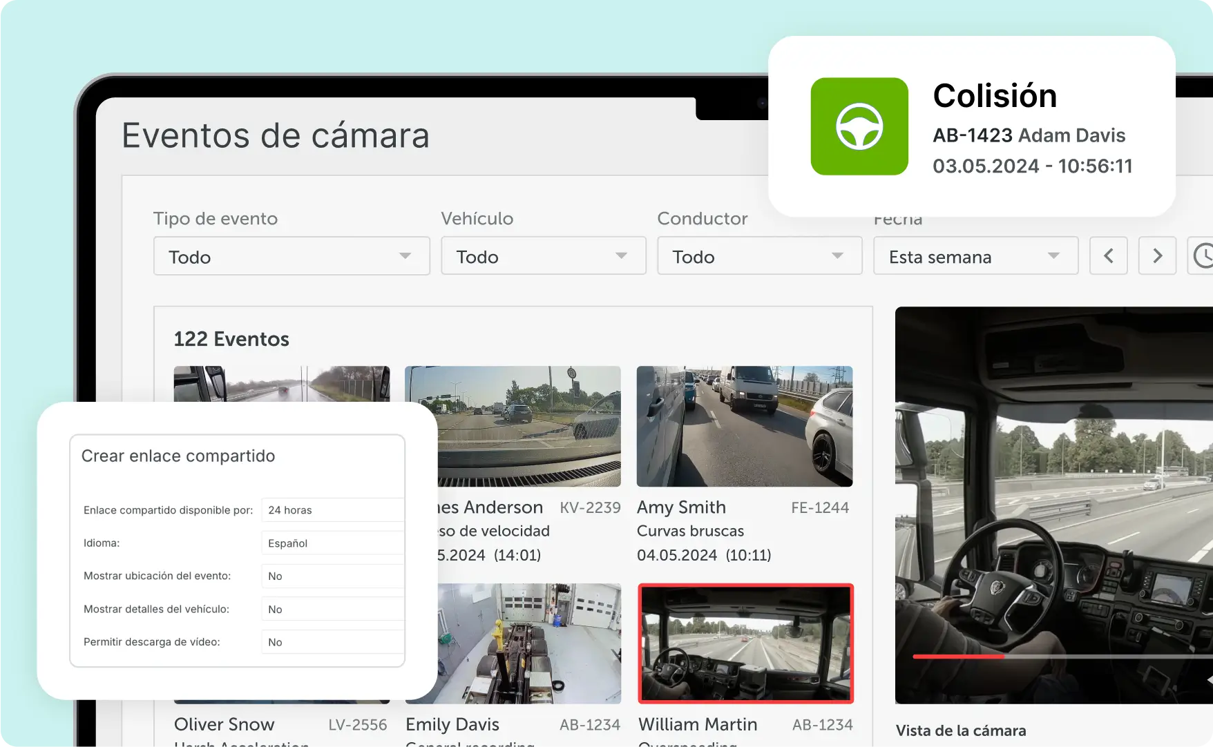 Captura de pantalla de un informe de sucesos automatizado en el software de gestión de cámaras de flota Mapon, que muestra sucesos como colisiones detectadas por las cámaras de salpicadero de la flota.