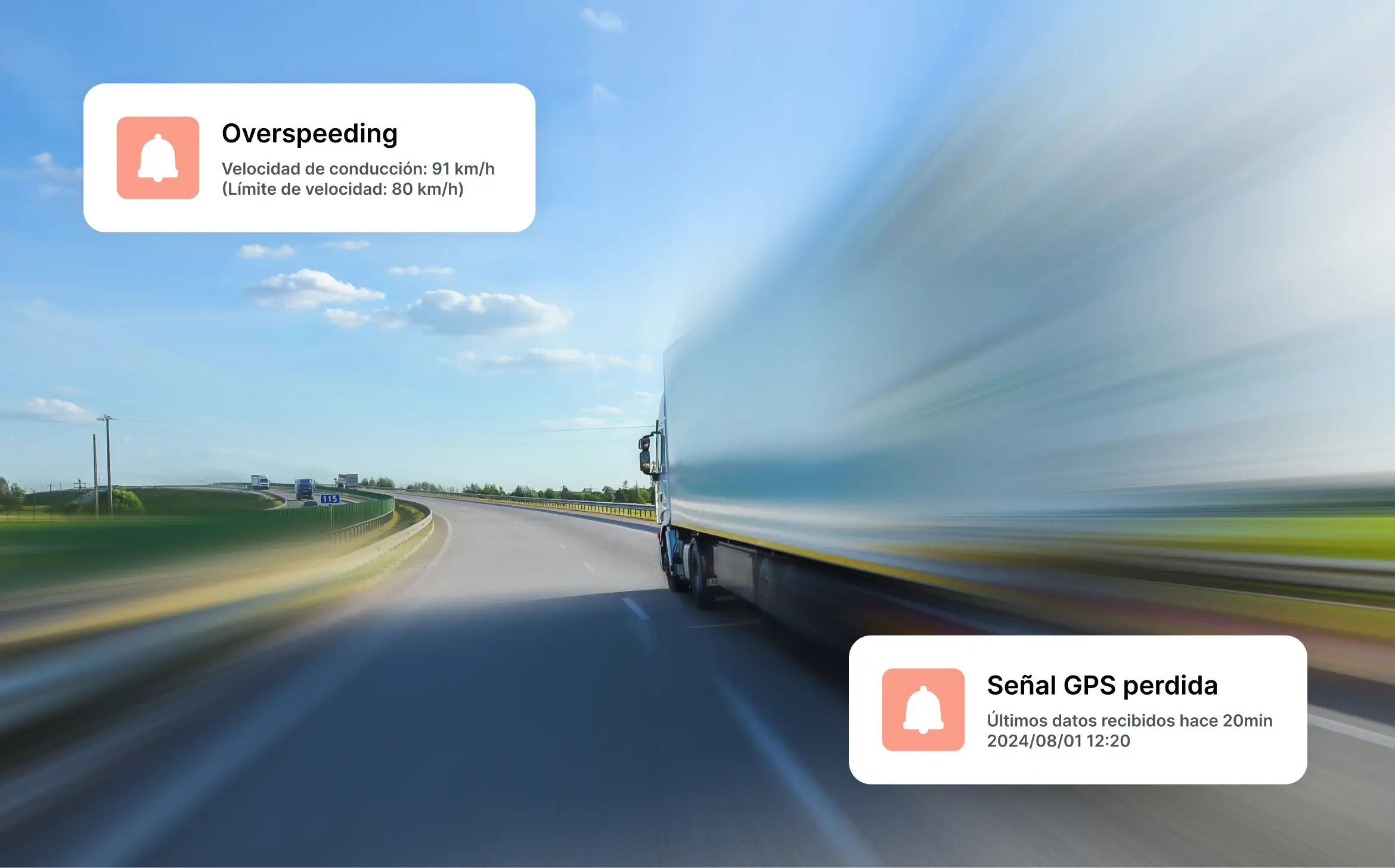 Truck driving on a highway with alerts displayed for overspeeding and GPS signal loss.