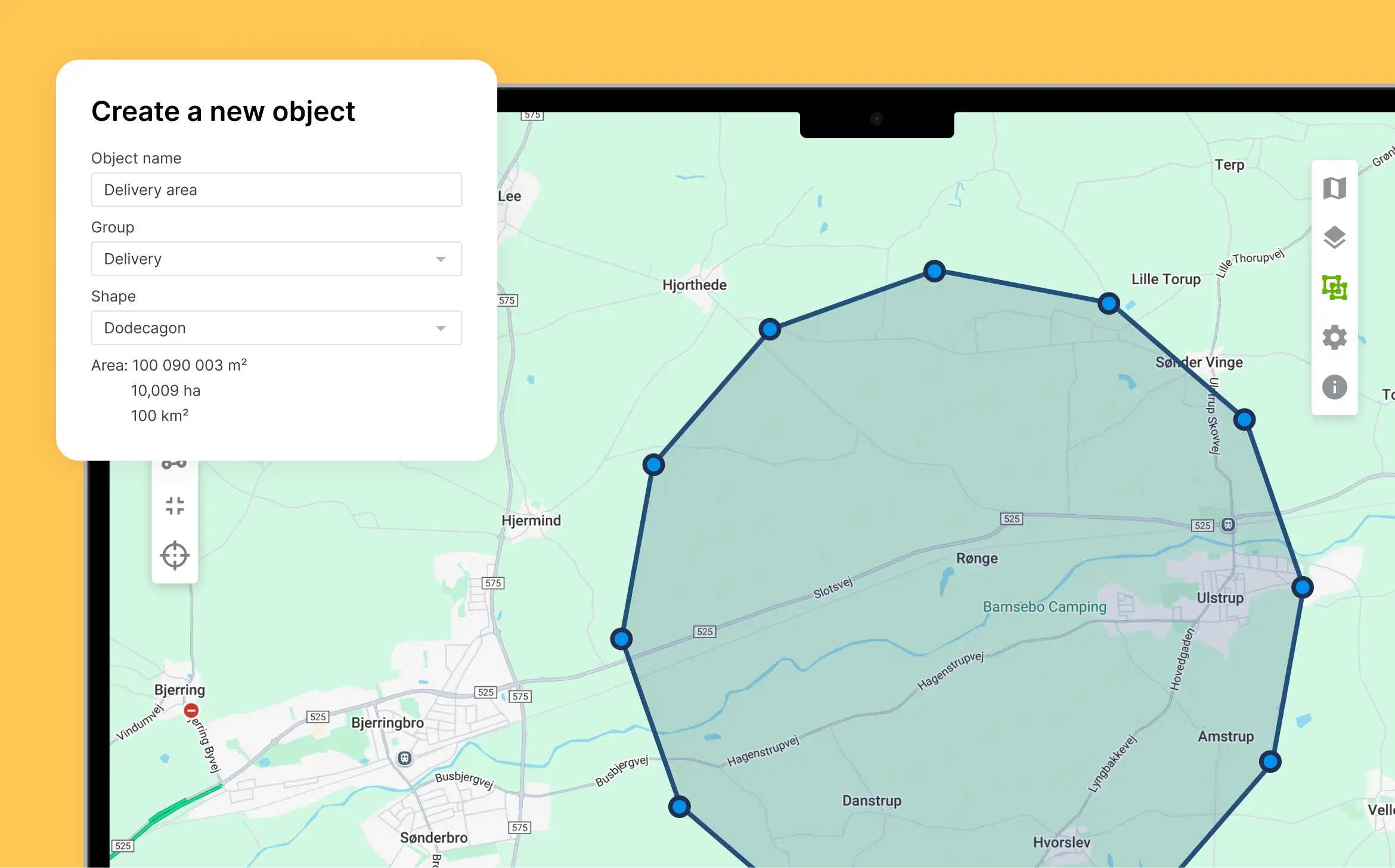 Mapon map interface displaying the process of creating a new geofence area with adjustable points.